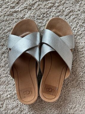 UGG Metallic Silver Crossband Slide Sandals for Women